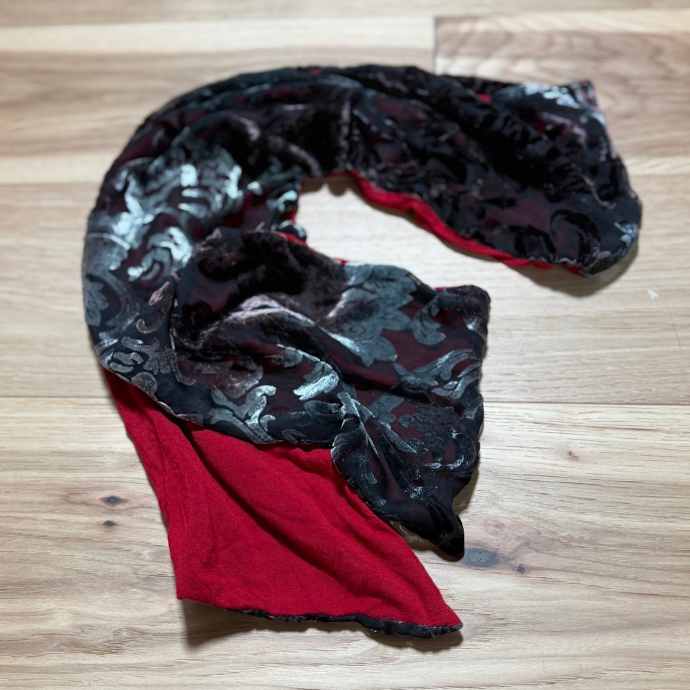 Baroque Velvet Scarf Black Sheer Burnout Red Flannel back Festival Whimsigoth